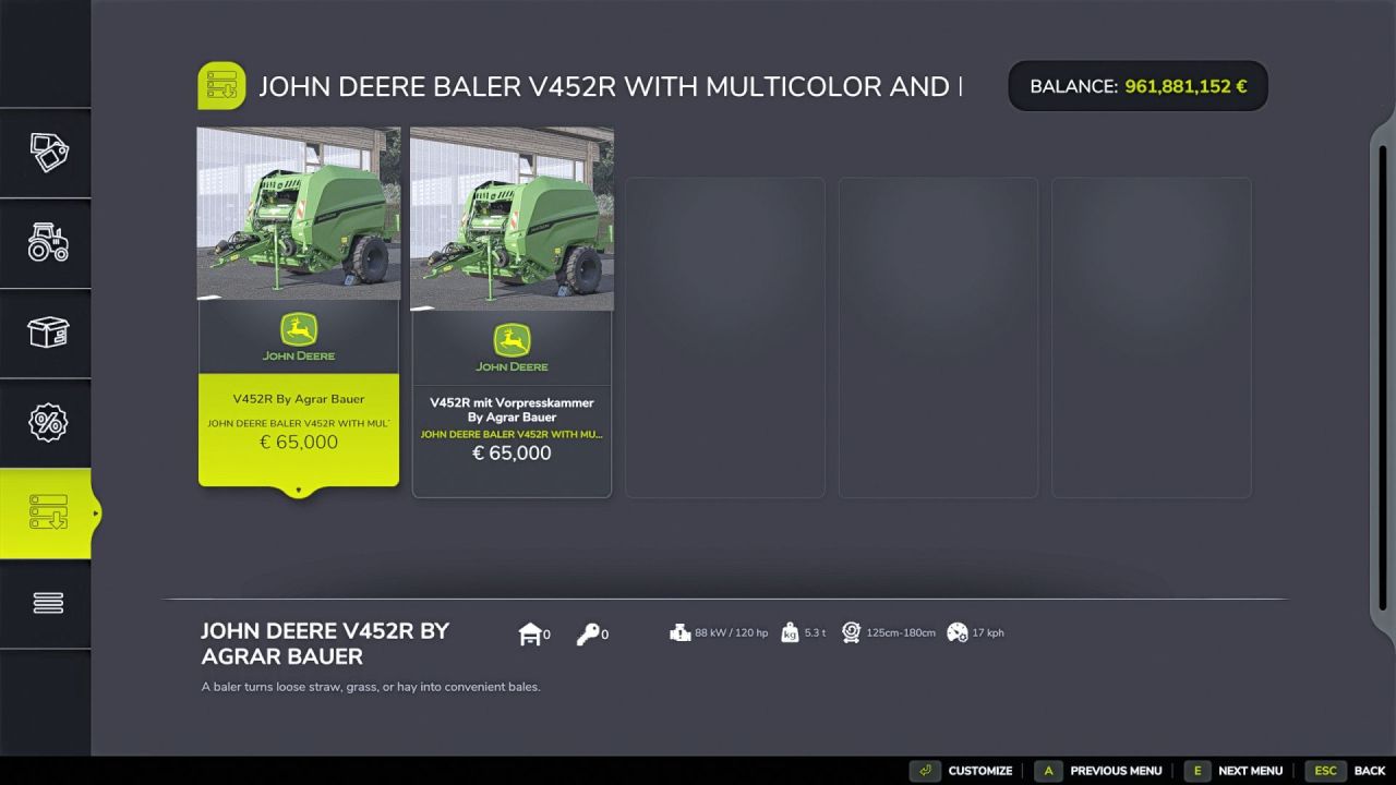 Прес-підбирач John Deere V452R для Farming Simulator 25