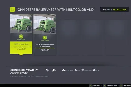 Прес-підбирач John Deere V452R для Farming Simulator 25 — 2
