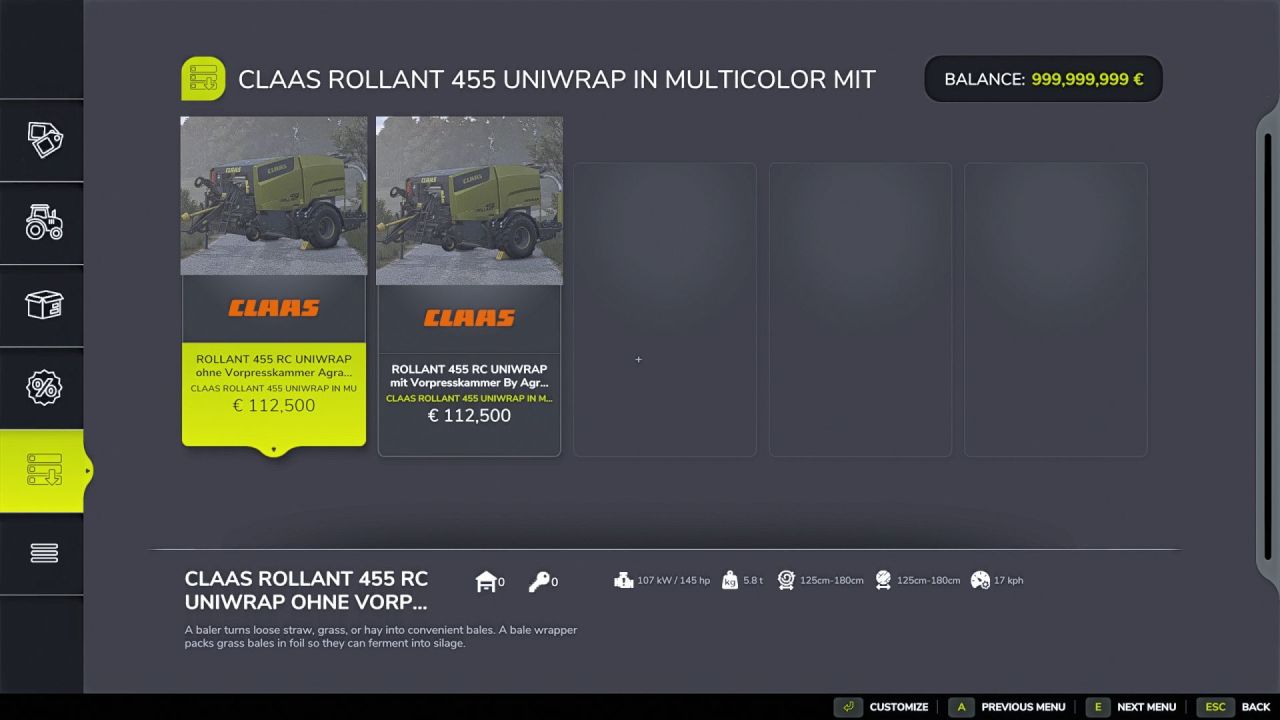 Прес-підбирач Claas Rollant 455 Uniwrap для Farming Simulator 25