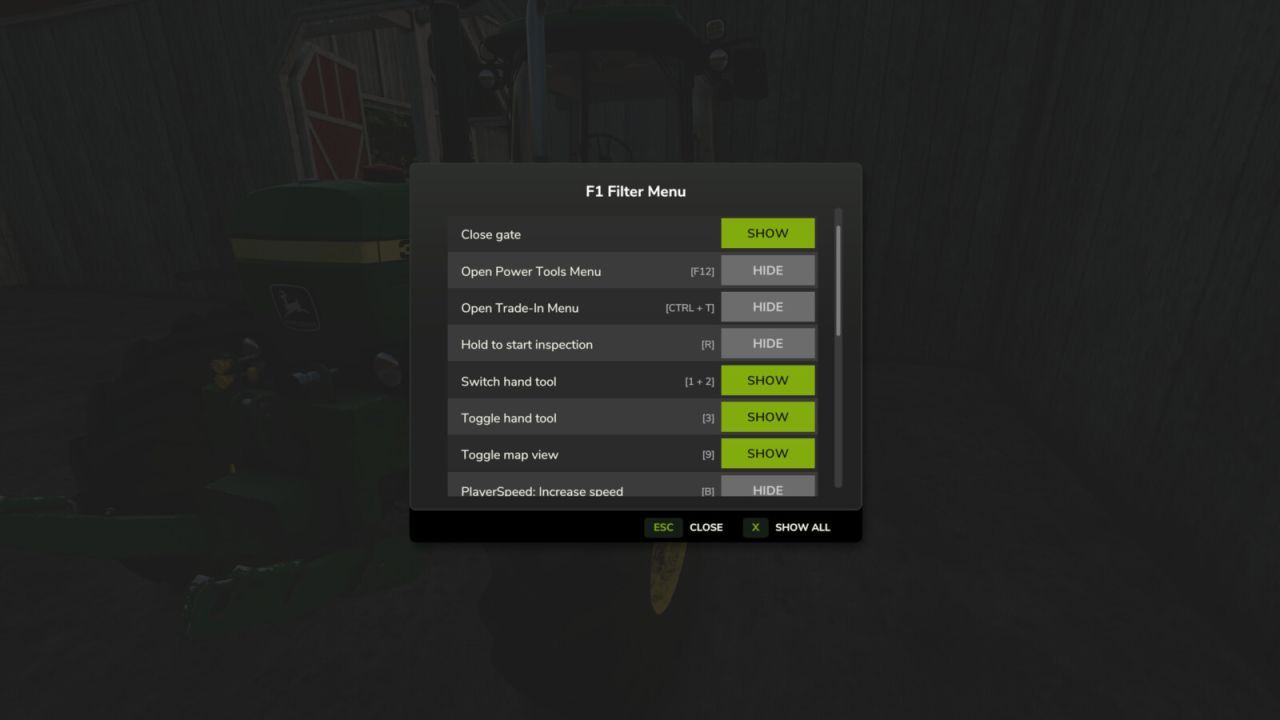 F1 Filter Menu for Farming Simulator 25