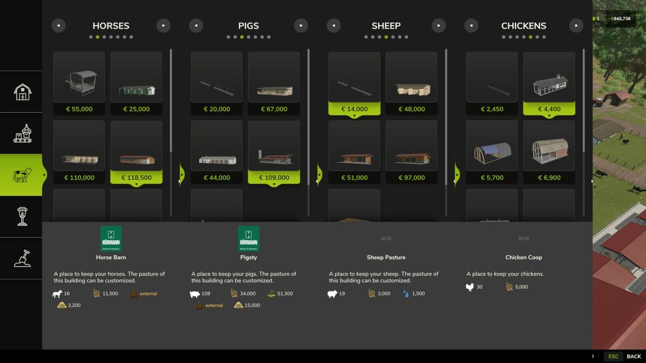Build Menu: Husbandry Storage Info for Farming Simulator 25