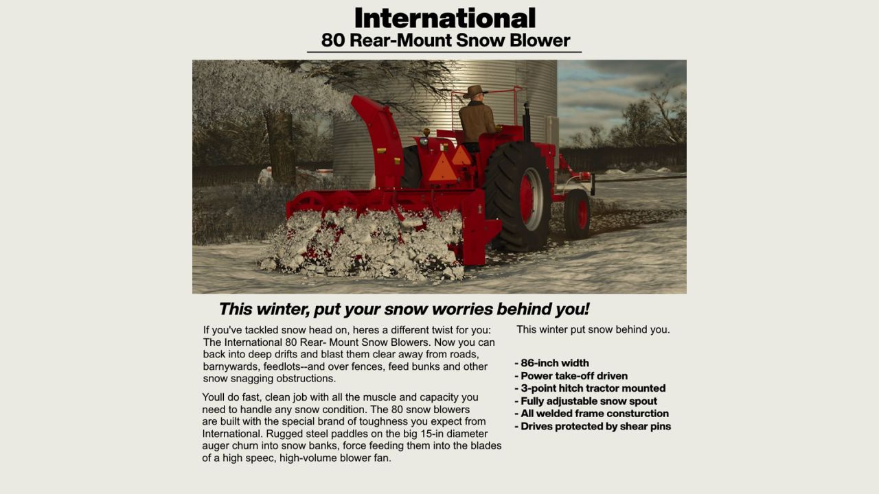 Reliable Snow Blower International 80 Snow Blower for FS25 — Quick Snow Removal