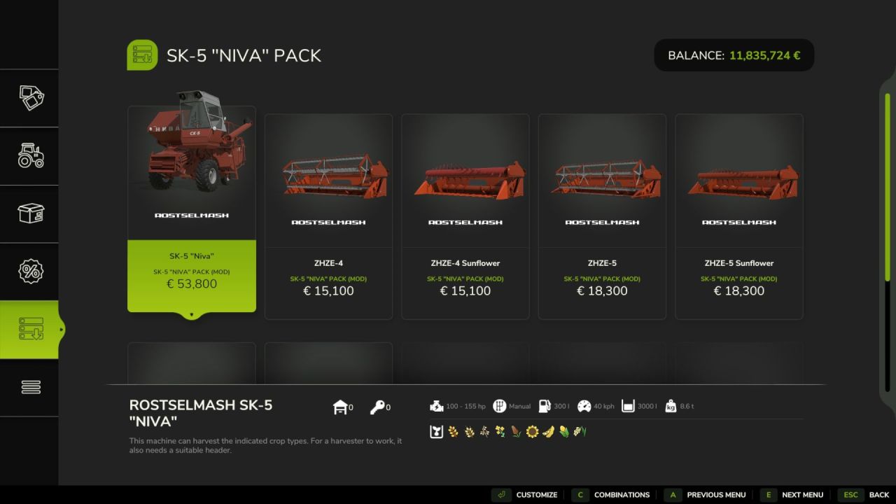 Legendärer Mähdrescher SK-5 “Niva” Rostselmash für Farming Simulator 25 — Pack von Schneidwerken und Anhängern